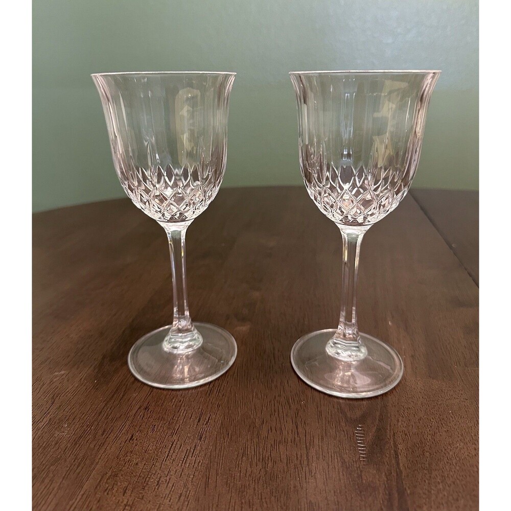 Crystal Stemmed Wine Glass Flare Top Diamond Cut Set Of 2